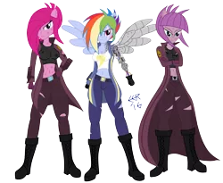 Size: 3939x3224 | Tagged: safe, artist:e-e-r, derpibooru import, maud pie, pinkie pie, rainbow dash, equestria girls, the cutie re-mark, alternate timeline, apinkalypse pie, apocalypse dash, apocalypse maud, augmented, badass, badass longcoat, belly button, cleavage, clothes, crystal war timeline, female, longcoat, midriff, pinkamena diane pie, ponied up, prosthetic limb, prosthetic wing, prosthetics, simple background, transparent background