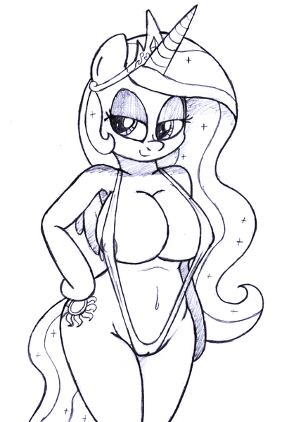 Size: 2179x3264 | Tagged: absolute cleavage, anthro, arm hooves, artist:an-tonio, belly button, bikini, breasts, busty princess celestia, cameltoe, cleavage, clothes, derpibooru import, female, monochrome, princess celestia, questionable, sling bikini, solo, solo female, swimsuit, traditional art