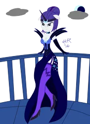 Size: 2550x3510 | Tagged: safe, artist:e-e-r, derpibooru import, nightmare rarity, rarity, equestria girls, the cutie re-mark, alternate timeline, balcony, cleavage, clothes, dress, female, moon, night maid rarity, nightmare takeover timeline, simple background, solo, transparent background