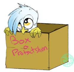 Size: 1225x1181 | Tagged: artist:farewelldecency, baby, box, classical hippogriff, cute, derpibooru import, hippogriff, interspecies offspring, magical lesbian spawn, misspelling, oc, oc:gren, offspring, parent:gilda, parent:rainbow dash, parents:gildash, puppy dog eyes, safe, solo, unofficial characters only