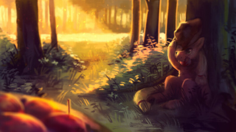 Size: 1024x574 | Tagged: apple, applejack, artist:krooku, derpibooru import, food, forest, mouth hold, river, safe, sitting, solo, tree