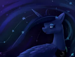 Size: 2592x1945 | Tagged: safe, artist:marshmellowcannibal, artist:voidsucre, derpibooru import, princess luna, alicorn, pony, ethereal mane, female, jewelry, lidded eyes, mare, open mouth, regalia, solo, starry mane, stars