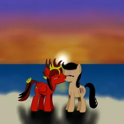Size: 2500x2500 | Tagged: safe, artist:bravegunner, derpibooru import, oc, oc:theponyran, unofficial characters only, beach, cute, female, kissing, male, ocean, straight, sunset, water