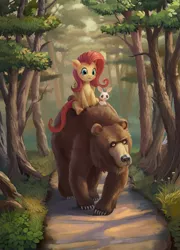 Size: 865x1200 | Tagged: safe, artist:maggwai, derpibooru import, angel bunny, fluttershy, harry, bear, pegasus, pony, female, forest, looking at you, mare, path, ponies riding bears, riding, trio