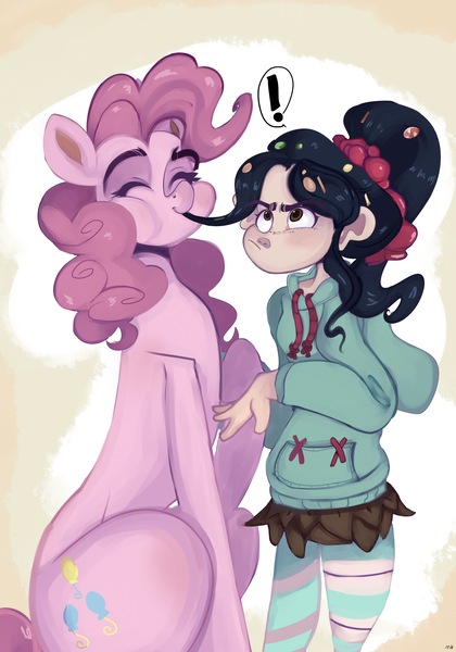 Size: 2100x3000 | Tagged: dead source, safe, artist:mili-kat, derpibooru import, pinkie pie, earth pony, human, pony, biting, crossover, exclamation point, hair bite, nom, small head, vanellope von schweetz, wreck-it ralph