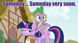 Size: 960x540 | Tagged: safe, derpibooru import, screencap, spike, twilight sparkle, dragon, pony, unicorn, feeling pinkie keen, dragons riding ponies, duo, female, grumpy twilight, image macro, implied threat, male, mare, meme, unicorn twilight