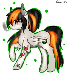 Size: 1674x1836 | Tagged: safe, artist:cannoncar, derpibooru import, oc, oc:cannon car, unofficial characters only, pegasus, pony, cigarette, ear piercing, earring, female, mare, mark of the outsider, piercing, simple background, smoking, solo, tattoo, white background
