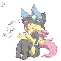 Size: 2480x2480 | Tagged: angel bunny, anthro, artist:asprin white rabbit, bunny ears, clothes, costume, dangerous mission outfit, derpibooru import, eyes closed, female, fluttershy, goggles, hoodie, open mouth, pegasus, pixiv, safe, simple background, socks, stockings, thigh highs, white background