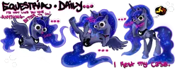 Size: 1000x400 | Tagged: safe, artist:dezy-x29, derpibooru import, edit, princess luna, pony, equestria daily, banner, cheese, cute, food, googly eyes, lying down, on back, silly, silly pony, simple background, spread wings, tongue out, transparent background