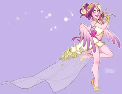 Size: 2048x1583 | Tagged: artist:skirtzzz, clothes, crossover, derpibooru import, dress, dressphere, final fantasy, final fantasy x-2, horned humanization, human, humanized, microphone, midriff, pony coloring, princess cadance, safe, solo, songstress, wedding dress, winged humanization