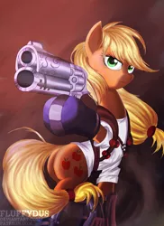 Size: 1636x2248 | Tagged: applejack, artist:fluffydus, boots, clothes, crossover, derpibooru import, gun, heroes of the storm, plot, safe, shirt, solo, starcraft, weapon