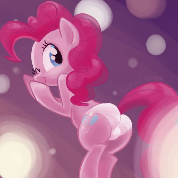 Size: 1240x1240 | Tagged: suggestive, artist:lamar_bone, derpibooru import, pinkie pie, pony, bipedal, clothes, female, frilly underwear, looking back, one eye closed, panties, pink underwear, plot, smiling, solo, solo female, underwear, wink