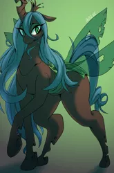 Size: 1200x1818 | Tagged: artist:cakewasgood, blushing, bugbutt, curvy, derpibooru import, eyeshadow, female, grin, large butt, looking back, makeup, plump, queen chrysalis, safe, smiling, solo, the ass was fat