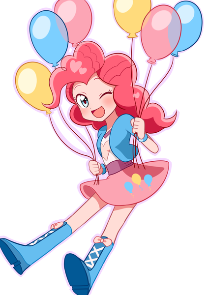 Size: 800x1136 | Tagged: safe, artist:ryuu, derpibooru import, pinkie pie, equestria girls, balloon, blushing, boots, clothes, cute, diapinkes, female, floating, high heel boots, looking at you, one eye closed, open mouth, pixiv, simple background, skirt, smiling, solo, then watch her balloons lift her up to the sky, white background, wink