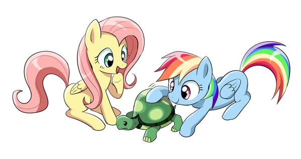 Size: 599x317 | Tagged: safe, artist:ryuu, derpibooru import, fluttershy, rainbow dash, tank, pegasus, pony, cute, female, hnnng, mare, open mouth, pixiv, prone, simple background, smiling, white background