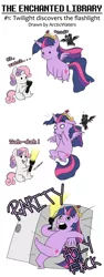 Size: 604x1599 | Tagged: dead source, safe, artist:arcticwaters, derpibooru import, sweetie belle, twilight sparkle, twilight sparkle (alicorn), oc, oc:themis, alicorn, bird, ghost, owl, pony, undead, unicorn, fanfic:the enchanted library, blank flank, fanfic art, female, filly, flashlight (object), foal, hooves, horn, image, kicking, mare, mom holy fuck, png, wings