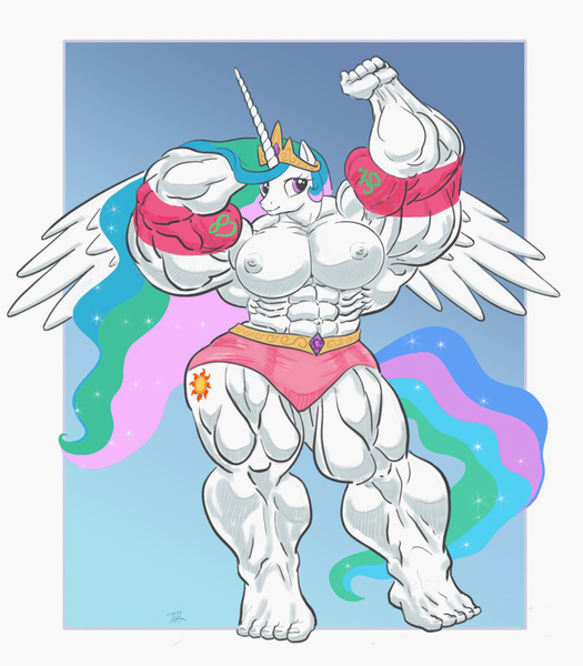 Size: 999x1141 | Tagged: anthro, armpits, artist:grafight, big breasts, breasts, busty princess celestia, clothes, derpibooru import, female, fetish, huge breasts, muscle fetish, muscles, plantigrade anthro, princess celestia, princess musclestia, questionable, solo, solo female, topless