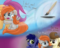 Size: 1024x819 | Tagged: artist:redheadfly, bandaid, crying, derpibooru import, oc, oc:blazing sky, oc:lucky fly, older, pound cake, safe, scootaloo