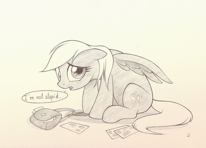 Size: 890x638 | Tagged: safe, artist:sherwoodwhisper, derpibooru import, derpy hooves, pegasus, pony, female, floppy ears, mail, mailbag, mailmare, mare, monochrome, sad, solo, speech bubble, traditional art