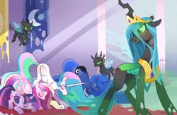 Size: 900x585 | Tagged: safe, artist:parfywarfy, derpibooru import, princess cadance, princess celestia, princess luna, queen chrysalis, twilight sparkle, twilight sparkle (alicorn), alicorn, changeling, changeling queen, pony, accessory theft, bad end, bowing, celestia's crown, crown, face down ass up, female, mare, missing accessory, peytral, regalia, the bad guy wins