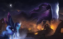 Size: 1920x1200 | Tagged: safe, artist:rain-gear, derpibooru import, princess luna, tantabus, alicorn, pony, do princesses dream of magic sheep, background pony, burning, cloud, debris, epic, female, fire, fissure, flag, glowing horn, mare, metal as fuck, moon, nightmare, painting, raised hoof, ruins, scenery, spell, surreal