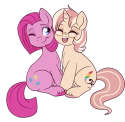 Size: 550x537 | Tagged: safe, artist:lulubell, derpibooru import, pinkie pie, oc, oc:lulubell, canon x oc, nuzzling, pinkamena diane pie, shipping, simple background, transparent background