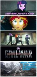 Size: 576x1200 | Tagged: safe, artist:themexicanpunisher, derpibooru import, starlight glimmer, sunset shimmer, trixie, twilight sparkle, equestria girls, no second prances, captain america, captain america: civil war, counterparts, crossover, fn-2199, parody, spanish, spoilers for another series, star wars, star wars: the force awakens, stormtrooper, tr-8r, twilight's counterparts