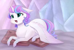 Size: 1024x694 | Tagged: artist:chiweee, blushing, colored wings, cute, derpibooru import, filly, flurrybetes, lying down, multicolored hair, multicolored wings, pillow, princess flurry heart, safe, solo, spoiler:s06, yawn