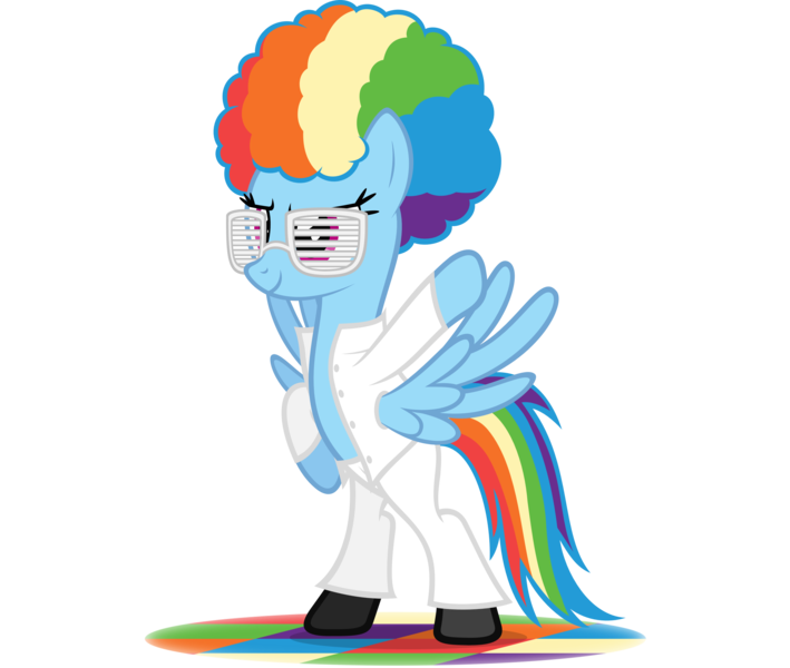 Size: 2742x2322 | Tagged: safe, artist:zacatron94, derpibooru import, rainbow dash, pegasus, pony, 70s, afro, disco, disco dance, disco rd, female, mare, pun, rainbow dash always dresses in style, shutter shades, simple background, solo, stealth pun, transparent background, vector, visual pun