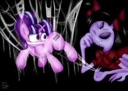 Size: 1280x914 | Tagged: safe, artist:paulpeopless, derpibooru import, starlight glimmer, bondage, crossover, gag, muffet, spider web, this will end in tears and/or death, undertale