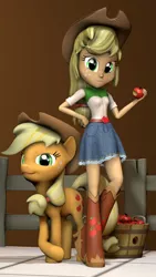 Size: 810x1440 | Tagged: safe, artist:vinuldash, derpibooru import, applejack, equestria girls, 3d, 3d model, apple, clothes, cowboy hat, crossed hooves, denim skirt, food, freckles, hat, human ponidox, looking at you, self ponidox, skirt, source filmmaker, stetson