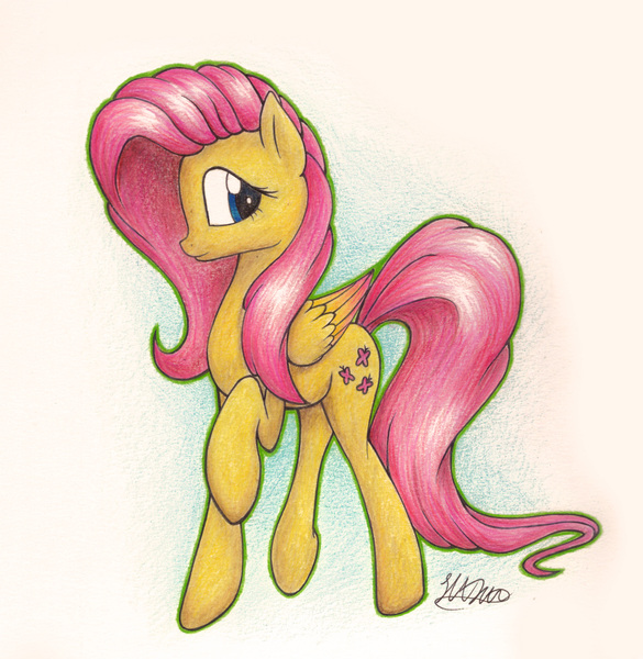 Size: 2430x2491 | Tagged: safe, artist:lollipony, artist:oddishponygirl, derpibooru import, fluttershy, pegasus, pony, collaboration, female, folded wings, looking at you, mare, raised hoof, simple background, solo, traditional art, white background
