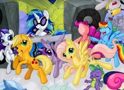 Size: 1024x744 | Tagged: safe, artist:jenkiwi, derpibooru import, applejack, bon bon, derpy hooves, fluttershy, lyra heartstrings, pinkie pie, rainbow dash, rarity, spike, sweetie drops, trixie, twilight sparkle, twilight sparkle (alicorn), vinyl scratch, alicorn, bird, dragon, earth pony, kiwi, pegasus, pony, unicorn, dancing, female, male, mane seven, mane six, mare, speakers, traditional art, turntable