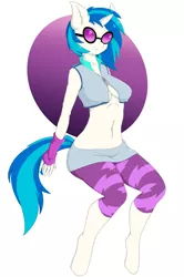 Size: 1280x1928 | Tagged: anthro, arm warmers, artist:onion-hime, belly button, derpibooru import, female, looking at you, solo, solo female, suggestive, unguligrade anthro, vinyl scratch