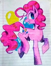 Size: 1744x2264 | Tagged: artist:wafflemilu, balloon, derpibooru import, lined paper, pinkie pie, safe, simple background, solo, traditional art