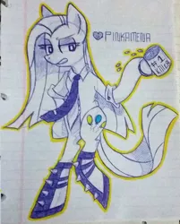 Size: 1784x2224 | Tagged: artist:wafflemilu, coffee mug, derpibooru import, lined paper, mug, necktie, pinkamena diane pie, pinkie pie, safe, simple background, solo, traditional art