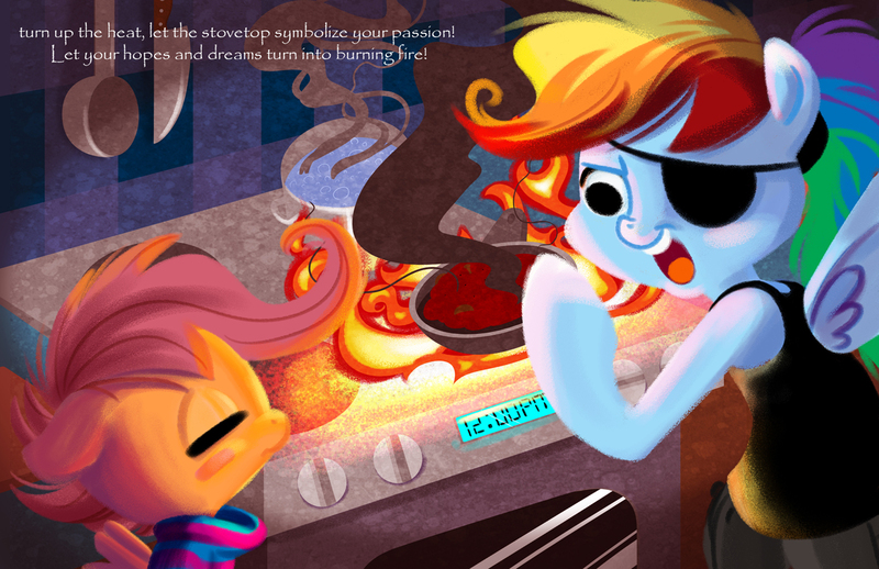 Size: 1275x825 | Tagged: artist:bunnimation, cooking, crossover, derpibooru import, eyepatch, fire, food, frisk, friskaloo, knife, meatballs, open mouth, pasta, rainbow dash, rainbowdyne, safe, scootaloo, smoke, spaghetti, stove, undertale, undyne