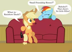 Size: 1280x931 | Tagged: applejack, artist:nuka-kitty, caught, century schoolbook, couch, derpibooru import, mocking, my little phony, parody, rainbow dash, remote control, safe, teasing