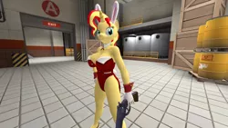 Size: 1500x843 | Tagged: 3d, anthro, artist needed, breasts, bunny suit, busty sunset shimmer, clothes, derpibooru import, female, gun, solo, solo female, source filmmaker, suggestive, sunset shimmer, team fortress 2, weapon