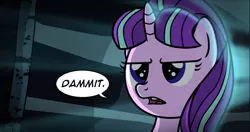 Size: 780x413 | Tagged: artist:veggie55, bust, cropped, derpibooru import, dialogue, frown, glare, lidded eyes, open mouth, portrait, reaction image, safe, solo, starlight glimmer, unamused, vulgar