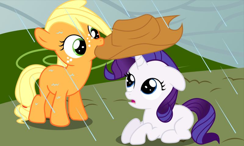 Size: 984x591 | Tagged: applejack, artist:coltsteelstallion, cropped, cute, derpibooru import, edit, filly, filly applejack, filly rarity, jackabetes, mouth hold, rain, raribetes, rarity, safe