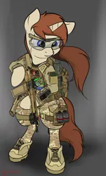 Size: 2400x3974 | Tagged: safe, artist:orang111, derpibooru import, oc, oc:scalpel, unofficial characters only, pony, unicorn, armor, armpad computer, assault rifle, bipedal, camouflage, clothes, geissele automatics, goggles, grenade, gun, hologram, hud, hxd-1, korean, m72, military, military uniform, operator, pda, picatinny rail, rifle, soldier, tacticool, uniform, weapon