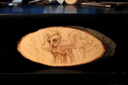 Size: 1280x854 | Tagged: safe, artist:horseez, derpibooru import, trixie, pony, unicorn, female, mare, pyrography, solo, traditional art, woodwork