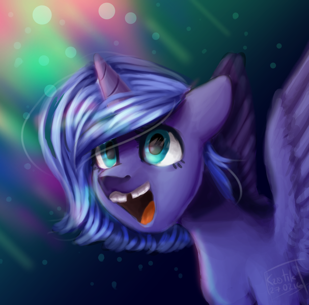 Size: 2024x2000 | Tagged: artist:krotik, derpibooru import, filly, gap teeth, open mouth, princess luna, safe, solo, spread wings, woona