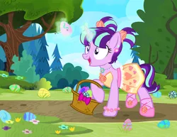 Size: 900x695 | Tagged: safe, artist:pixelkitties, derpibooru import, starlight glimmer, pony, unicorn, alternate hairstyle, basket, chaurus, clothes, cute, daaaaaaaaaaaw, dress, easter, egg, female, glimmerbetes, glowing horn, happy, horn, levitation, magic, mare, necklace, open mouth, pigtails, raised hoof, skyrim, solo, telekinesis, the elder scrolls