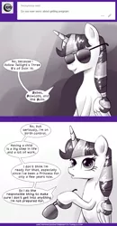 Size: 740x1421 | Tagged: suggestive, artist:deusexequus, derpibooru import, twilight sparkle, twilight sparkle (alicorn), alicorn, pony, ask the princess of friendship with benefits, ask, birth control, comic, dialogue, female, grin, looking at you, mare, solo, solo female, speech bubble, sunglasses, tumblr