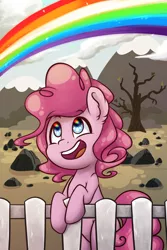 Size: 2000x3000 | Tagged: artist:gumlball, cute, derpibooru import, fence, filly, filly pinkie pie, happy, high res, leaning, pinkie pie, rainbow, rock farm, safe, smiling, solo, sonic rainboom, the cutie mark chronicles