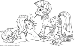 Size: 1200x746 | Tagged: artist:kaemantis, black and white, braeburn, braecora, derpibooru import, face down ass up, female, grayscale, literal butthurt, male, monochrome, pain, shipping, simple background, straight, suggestive, white background, zebra, zecora