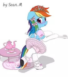 Size: 580x663 | Tagged: dead source, safe, artist:avchonline, derpibooru import, rainbow dash, pony, :o, ballerina, ballet, ballet slippers, bipedal, blushing, bow, canterlot royal ballet academy, clothes, crossover, embarrassed, floppy ears, food, frilly, hair bow, hello kitty, looking at you, looking back, rainbow dash always dresses in style, rainbowrina, ribbon, sanrio, sissy, solo, table, tea, teacup, teapot, tiara, tutu