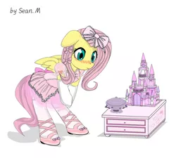 Size: 942x848 | Tagged: safe, artist:avchonline, derpibooru import, fluttershy, pony, semi-anthro, ballerina, ballet, ballet slippers, bipedal, blushing, bow, canterlot royal ballet academy, castle, clothes, crossover, cute, drawer, dress, dresser, floppy ears, hair bow, hello kitty, pink, ribbon, sanrio, shyabetes, smiling, solo, toy, tutu